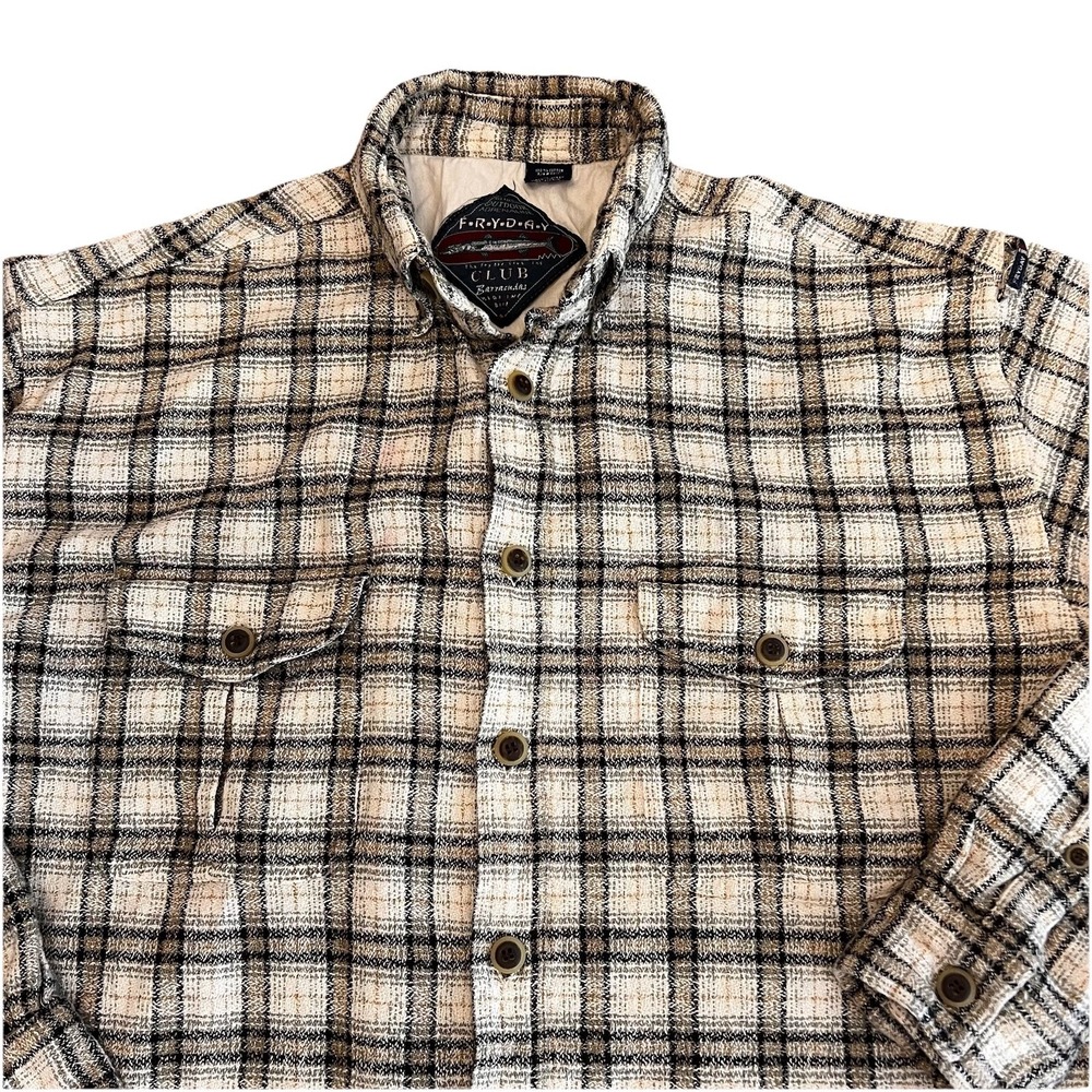 VTG Fryday Club Shirt Long Sleeve Blue White Plaid Fishing Grunge 90s Mens Med